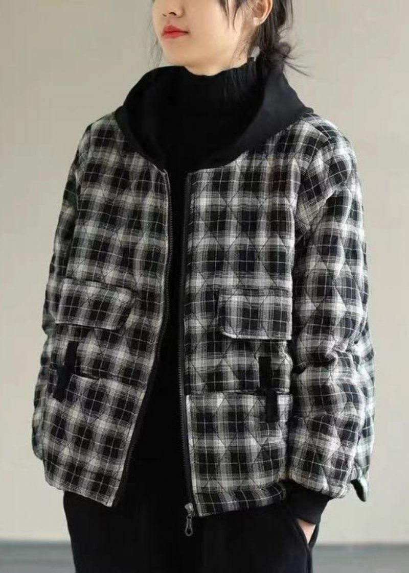 Kvinder Sort Plaid Hooded Fine Bomuld Fyldt Puffers Jakker Vinter - Sort