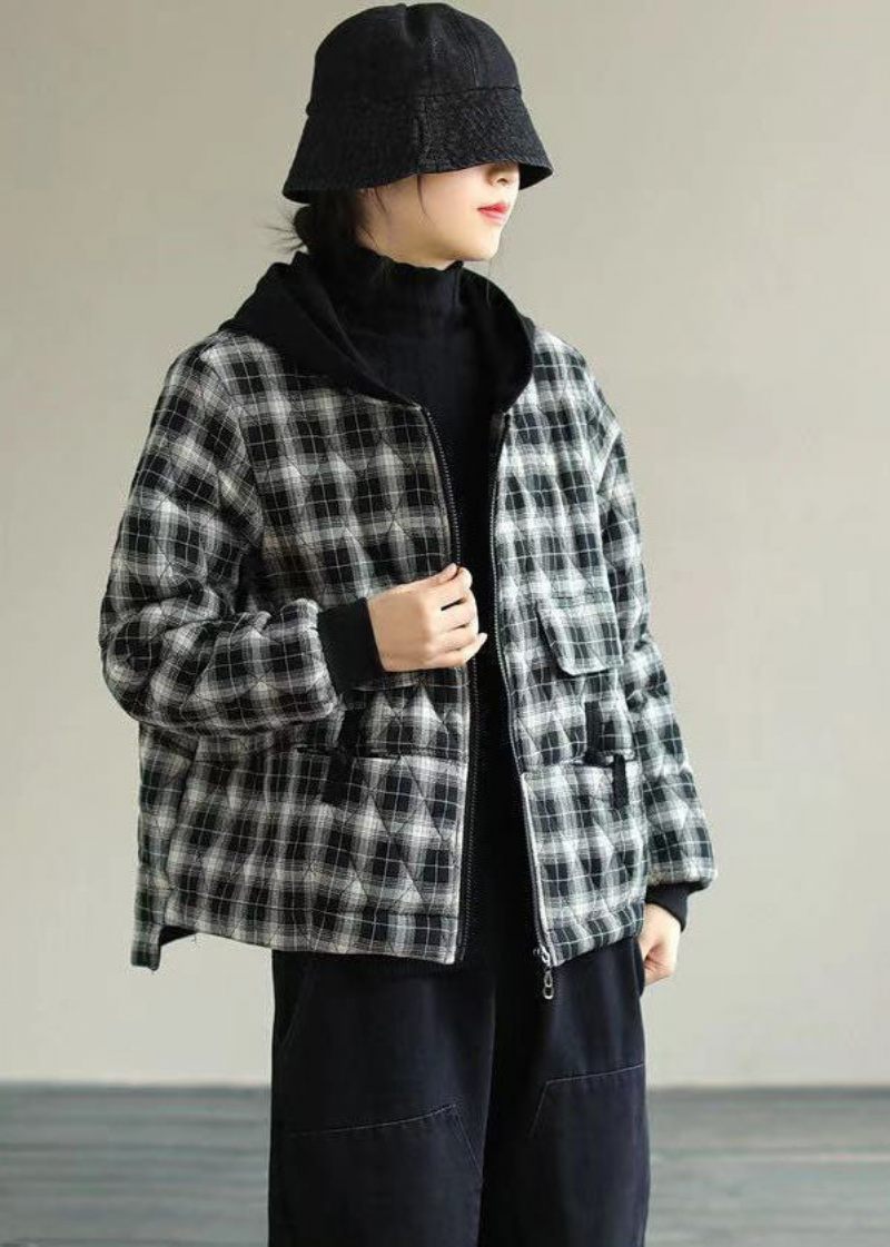 Kvinder Sort Plaid Hooded Fine Bomuld Fyldt Puffers Jakker Vinter - Sort