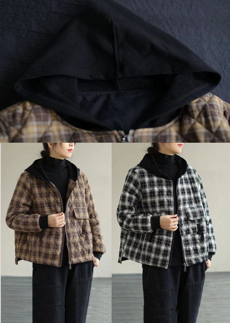 Kvinder Sort Plaid Hooded Fine Bomuld Fyldt Puffers Jakker Vinter - Sort