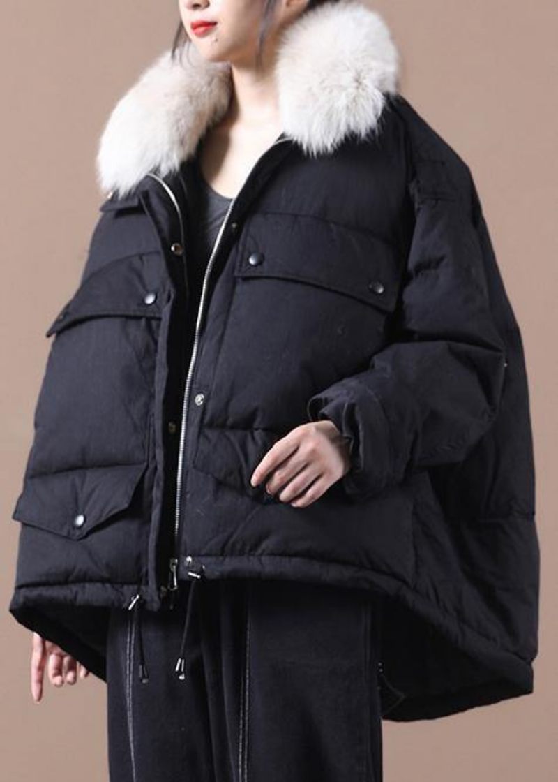 Kvinder Sort Varm Vinterfrakke Plus Size Parka Imiteret Pelskrave Snøre Elegante Frakker