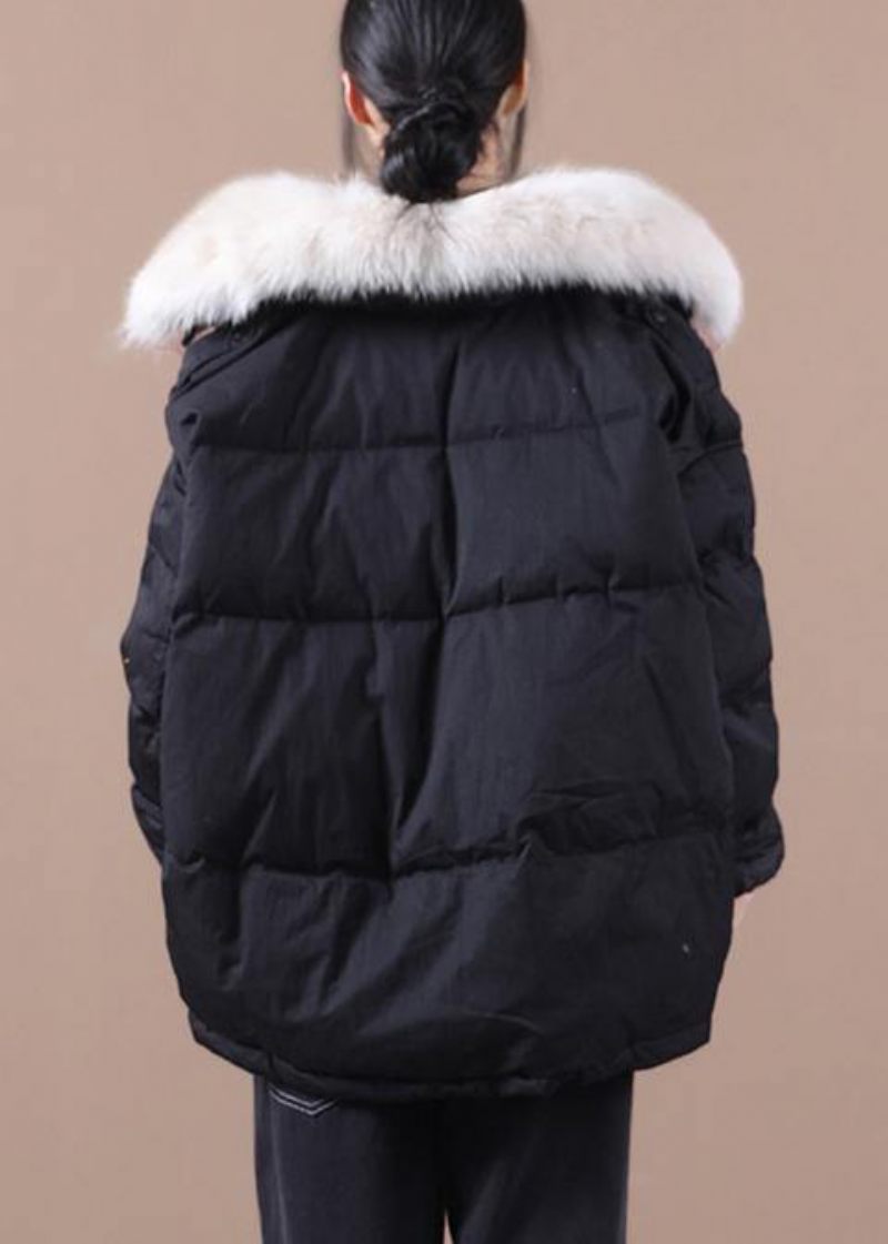 Kvinder Sort Varm Vinterfrakke Plus Size Parka Imiteret Pelskrave Snøre Elegante Frakker - Sort