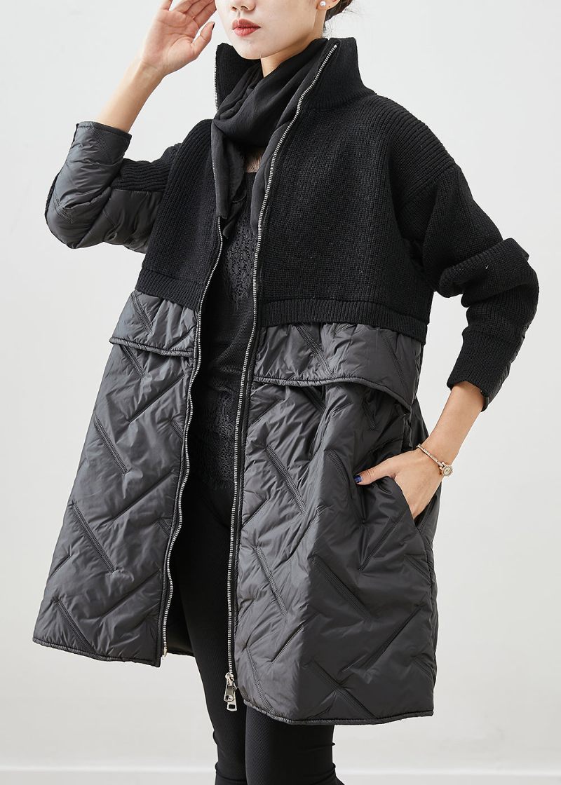 Kvinder Sort Zip Up Patchwork Fin Bomuld Fyldt Strik Coat Vinter