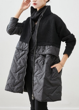 Kvinder Sort Zip Up Patchwork Fin Bomuld Fyldt Strik Coat Vinter