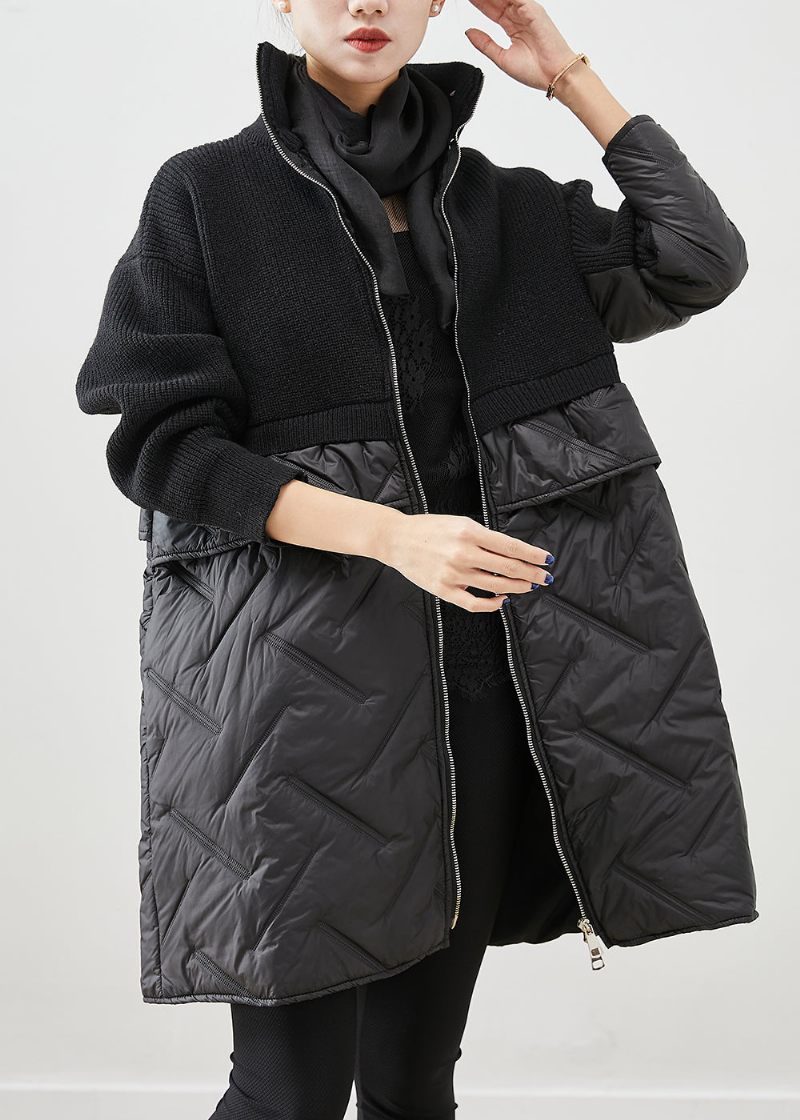 Kvinder Sort Zip Up Patchwork Fin Bomuld Fyldt Strik Coat Vinter - Dame dunjakker