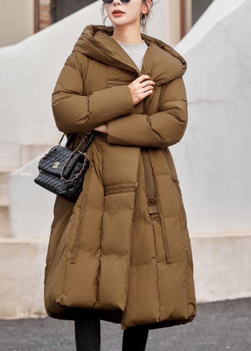 Løs Camel Hooded Button Patchwork Duck Down Coat Winter