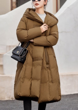 Løs Camel Hooded Button Patchwork Duck Down Coat Winter