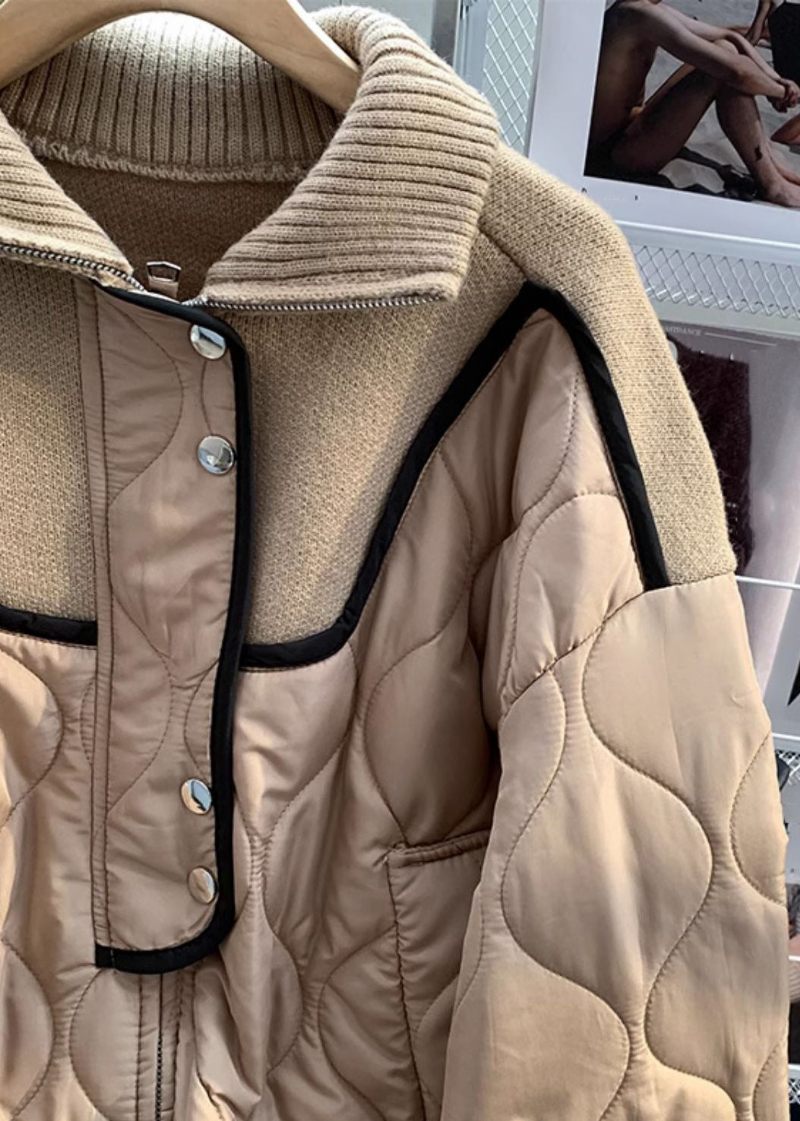 Løs Khaki Zip Up Strik Patchwork Parka Langærmet - Dame dunjakker