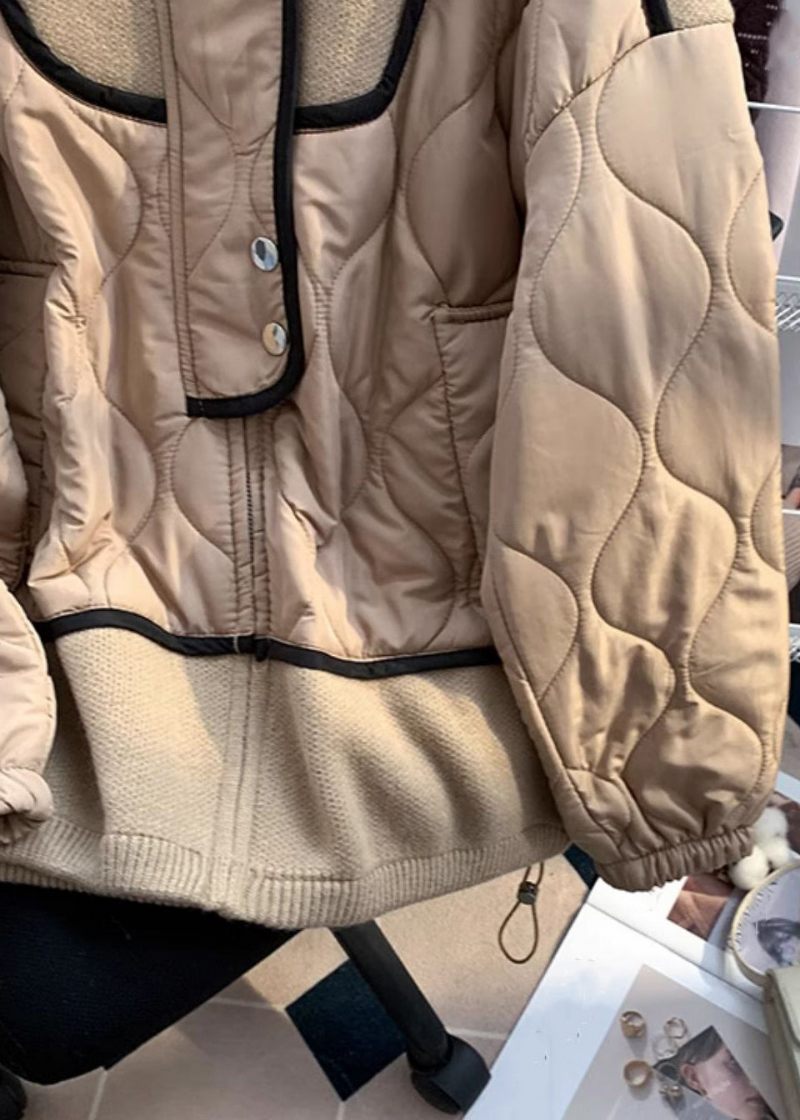 Løs Khaki Zip Up Strik Patchwork Parka Langærmet - Dame dunjakker