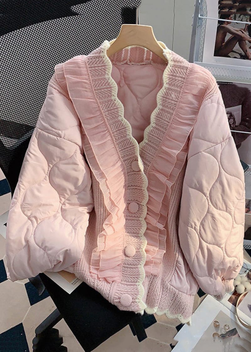 Løs Pink Flæsede Knap Strik Patchwork Tynd Parka Winter