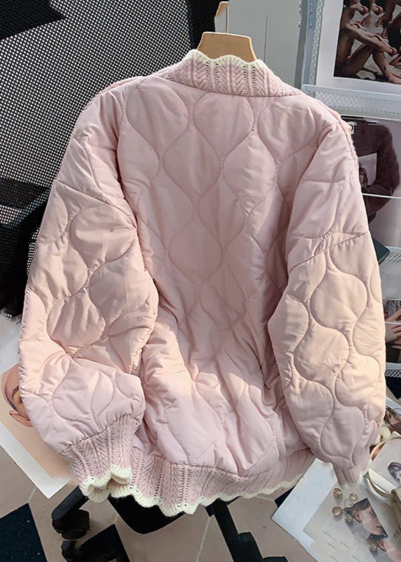 Løs Pink Flæsede Knap Strik Patchwork Tynd Parka Winter - Dame dunjakker