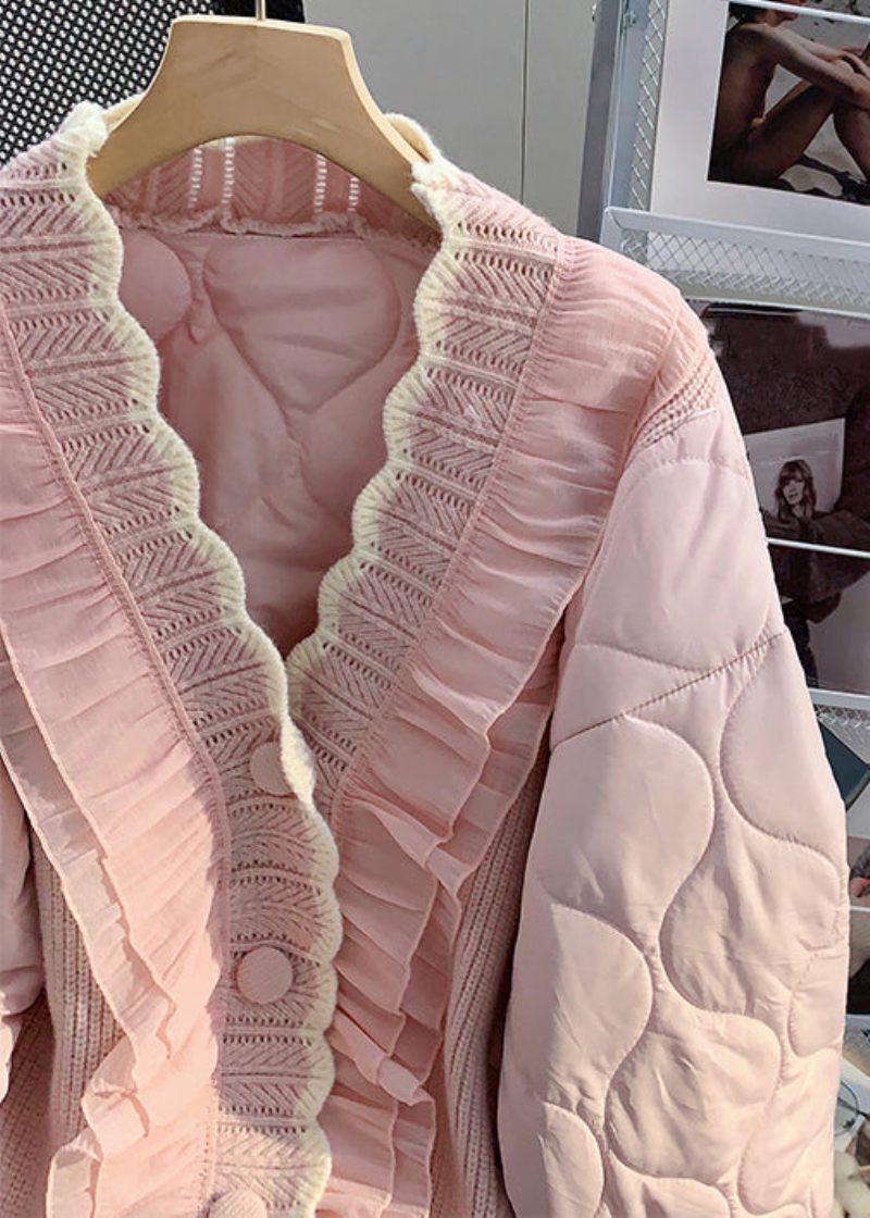 Løs Pink Flæsede Knap Strik Patchwork Tynd Parka Winter - Dame dunjakker