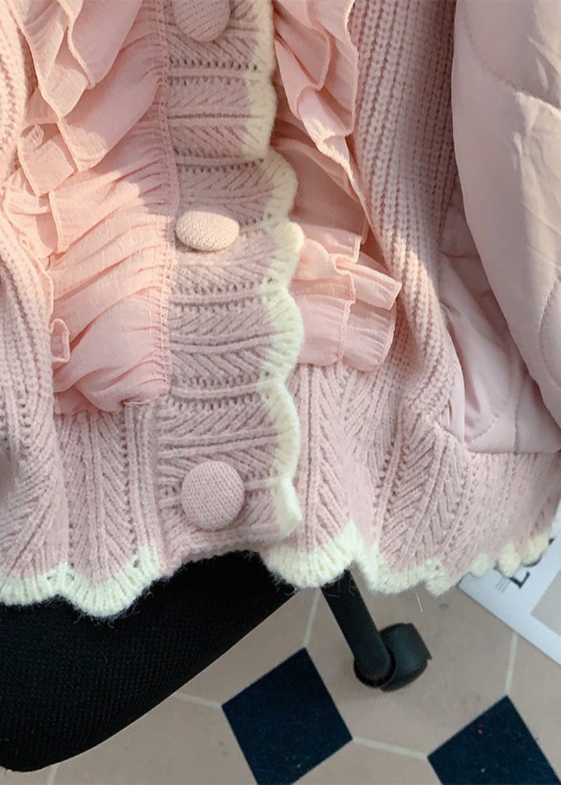 Løs Pink Flæsede Knap Strik Patchwork Tynd Parka Winter - Dame dunjakker