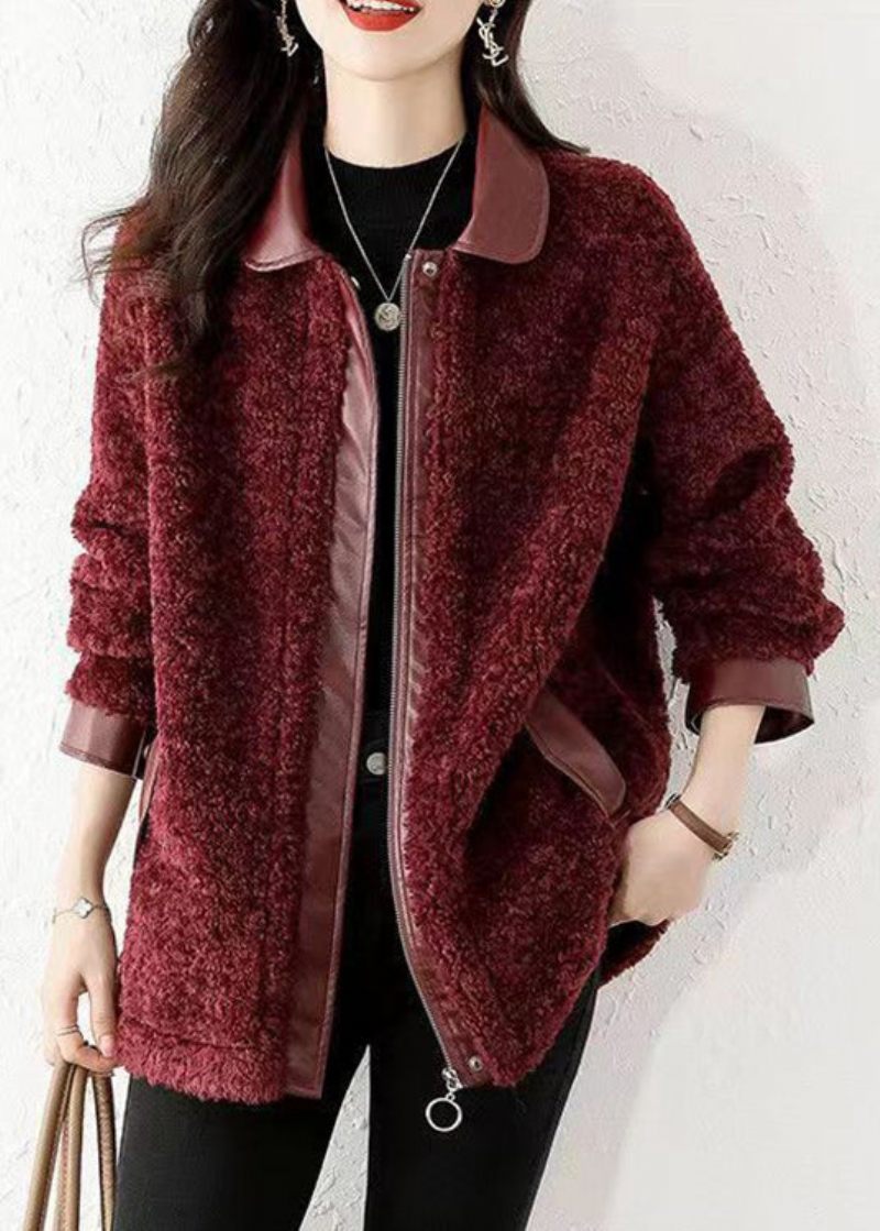 Løs Vinrød Lynlås Patchwork Teddy Faux Fur Coat Vinter