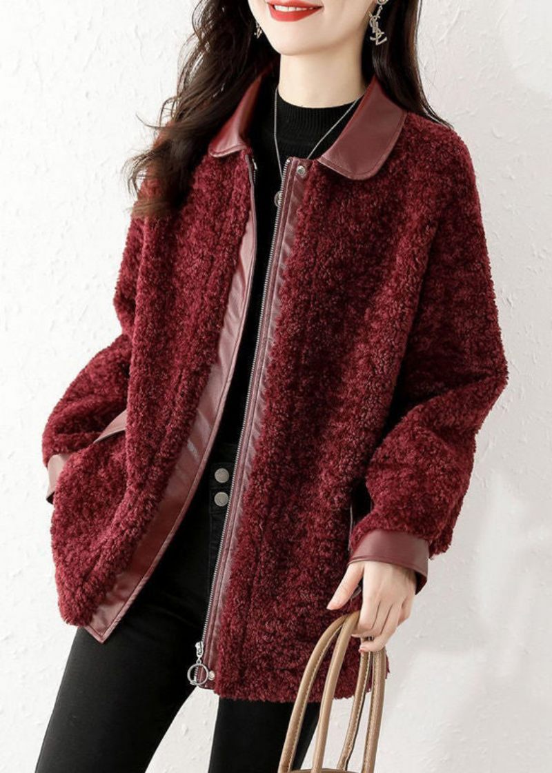 Løs Vinrød Lynlås Patchwork Teddy Faux Fur Coat Vinter - Dame dunjakker