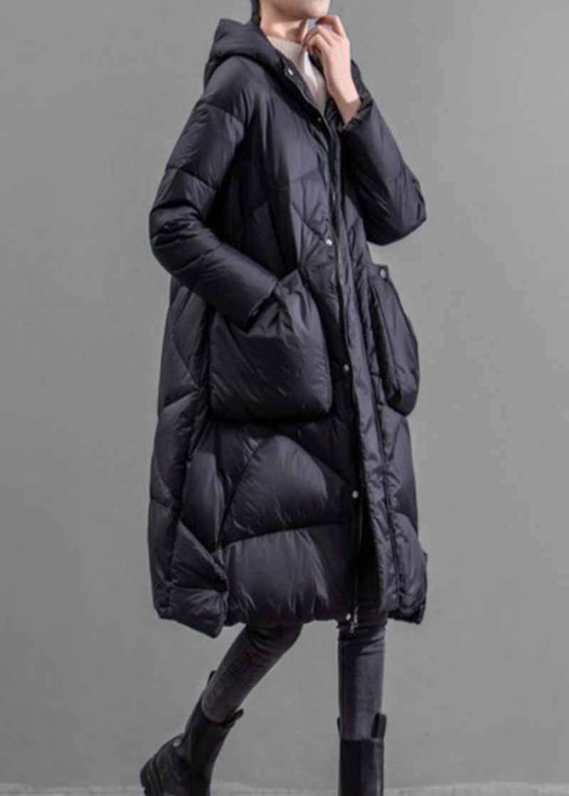 Løse Sorte Lynlåslommer Duck Down Puffers Outwear Winter