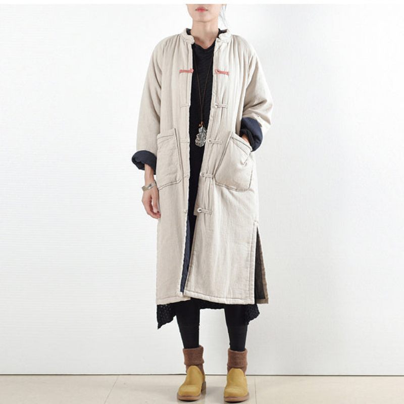 Luksus Beige Hvid Casual Frakke Løstsiddende Bomuldsfrakke Elegant Side Åben Trenchcoat Kinesisk Knap