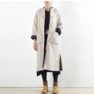 Luksus Beige Hvid Casual Frakke Løstsiddende Bomuldsfrakke Elegant Side Åben Trenchcoat Kinesisk Knap