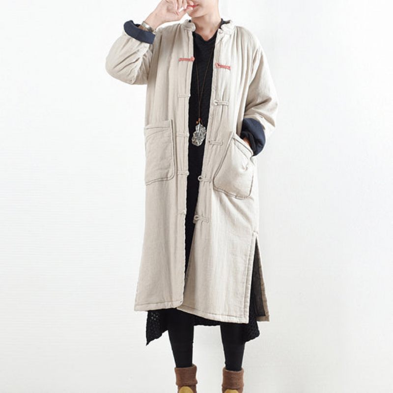 Luksus Beige Hvid Casual Frakke Løstsiddende Bomuldsfrakke Elegant Side Åben Trenchcoat Kinesisk Knap - Rød