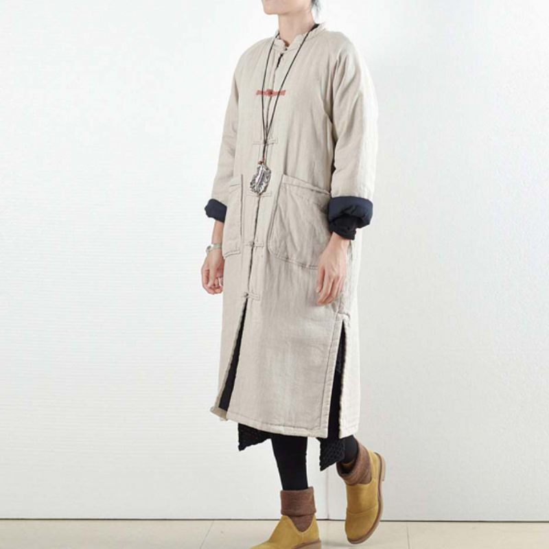 Luksus Beige Hvid Casual Frakke Løstsiddende Bomuldsfrakke Elegant Side Åben Trenchcoat Kinesisk Knap - Rød