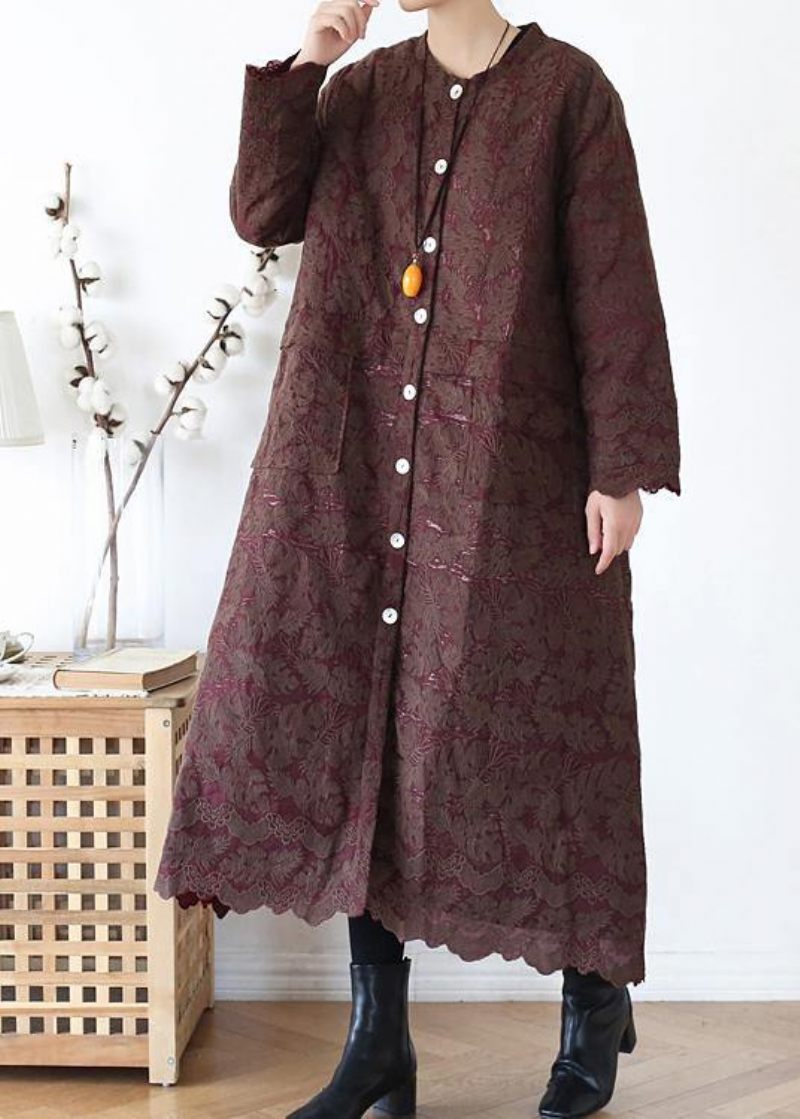 Luksus Chokolade Damefrakker Oversize Varm Vinterfrakke O Hals Jacquard Outwear - Rød