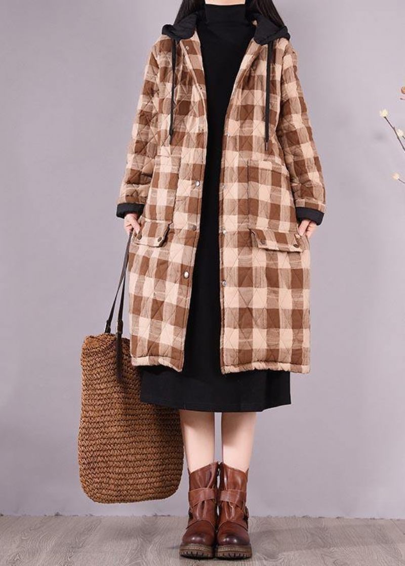 Luksus Oversize Outwear Chokolade Plaid Hættelommer Casual Outfit