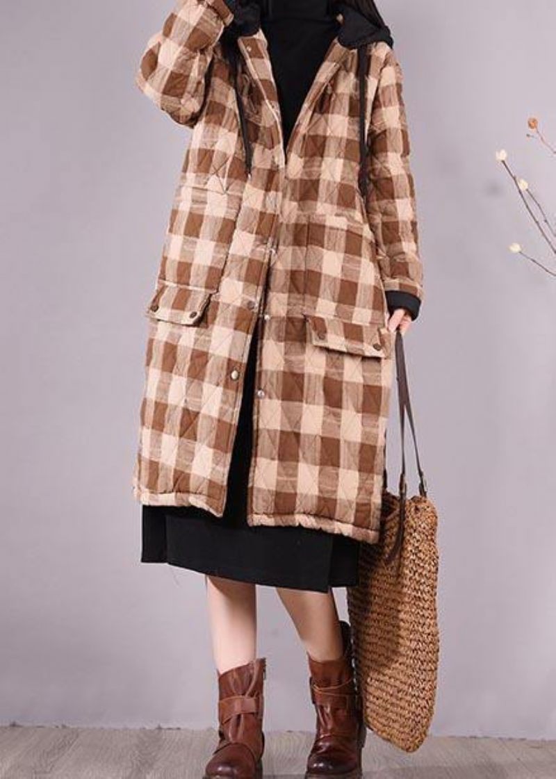 Luksus Oversize Outwear Chokolade Plaid Hættelommer Casual Outfit - Sort