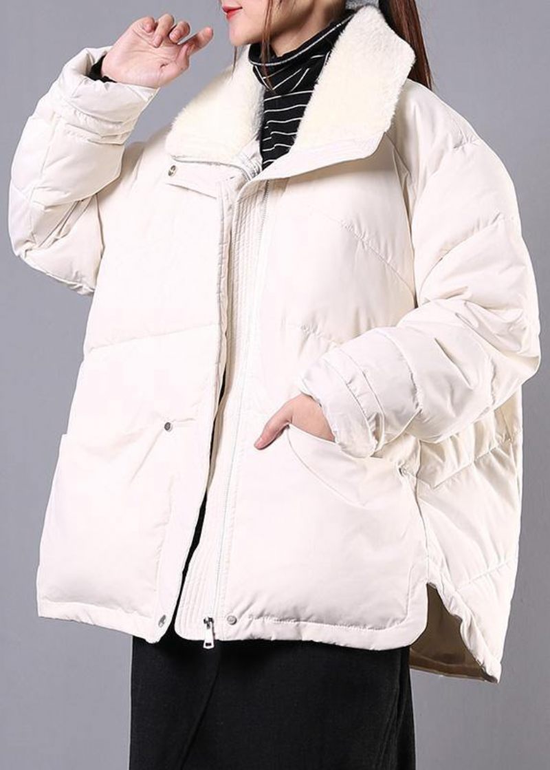 Luksus Plus Size Revers Vinter Outwear Beige Lommer Lynlås Dame Parka