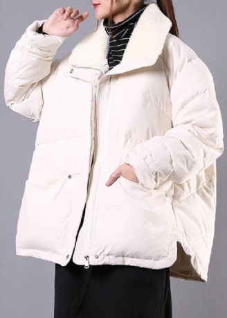 Luksus Plus Size Revers Vinter Outwear Beige Lommer Lynlås Dame Parka