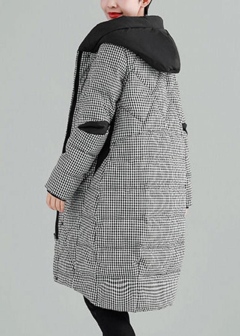 Luksus Plus Size Tøj Outwear Sort Plaid Hættelommer Lynlås Parkas - Dame dunjakker