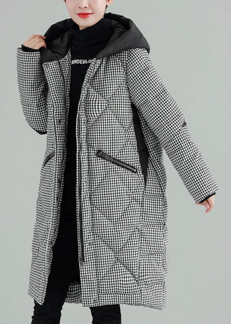 Luksus Plus Size Tøj Outwear Sort Plaid Hættelommer Lynlås Parkas - Dame dunjakker