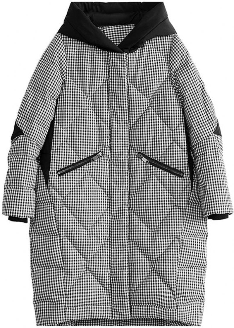 Luksus Plus Size Tøj Outwear Sort Plaid Hættelommer Lynlås Parkas - Dame dunjakker