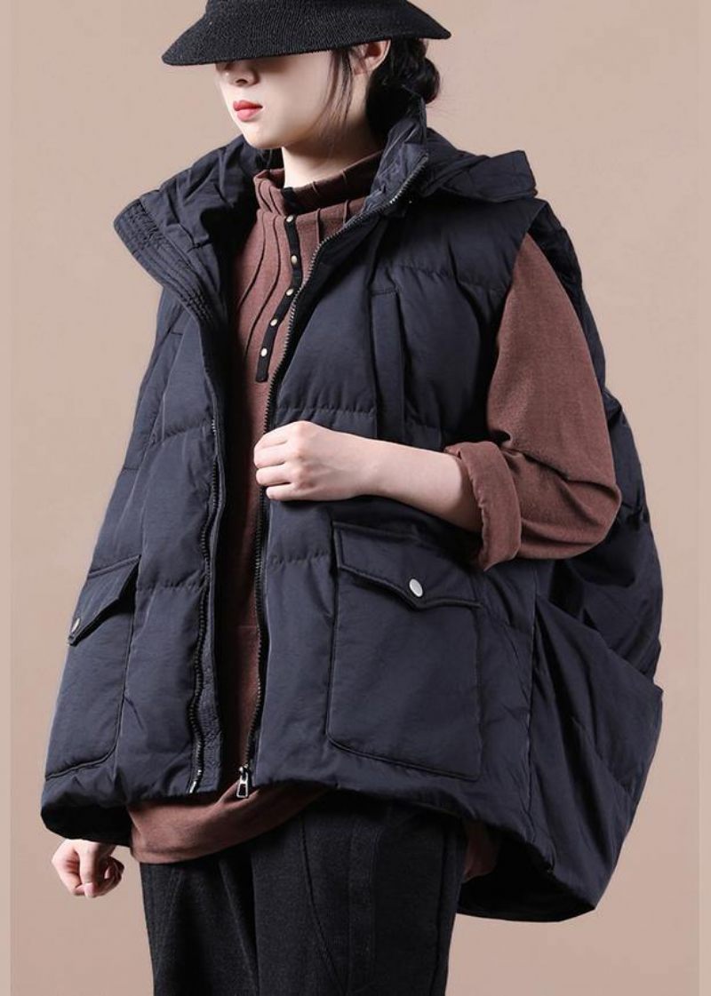 Luksus Sort Dunjakke Kvinde Oversize Parka Stativ Krave Lommer Casual Vest