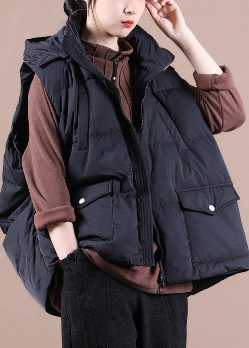 Luksus Sort Dunjakke Kvinde Oversize Parka Stativ Krave Lommer Casual Vest - Sort