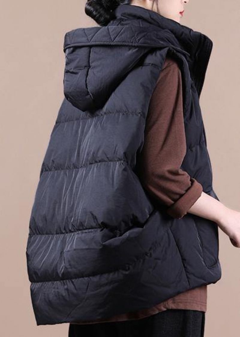 Luksus Sort Dunjakke Kvinde Oversize Parka Stativ Krave Lommer Casual Vest - Sort