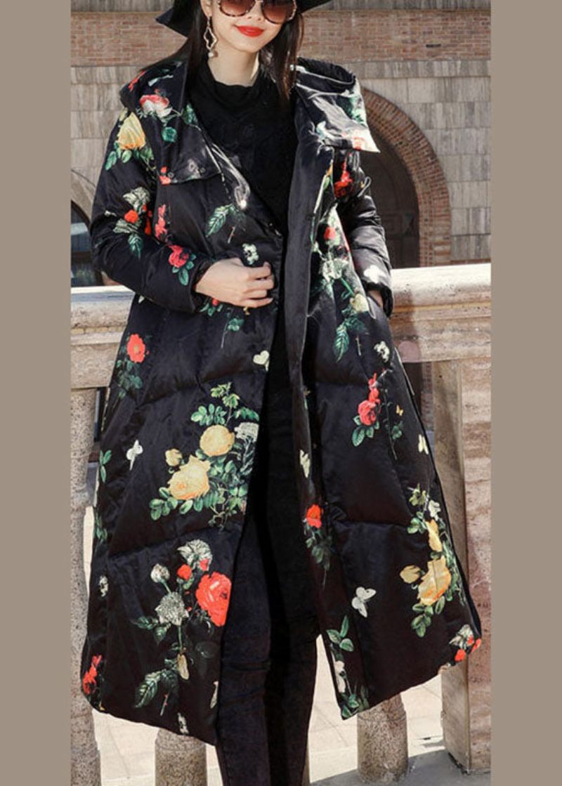 Mode Elegant Print Orientalsk Vinter Lang Puffer Jakker Duck Down Coat - Sort