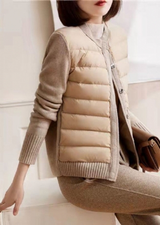 Moderne Beige Hvid Farve O-hals Patchwork Strikket Parka Langærmet