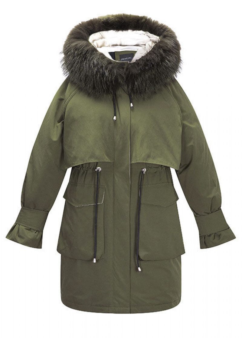 Moderne Hærgrøn Pelskrave Lommer Binde Taljen Winter Duck Down Puffer Coat - Dame dunjakker