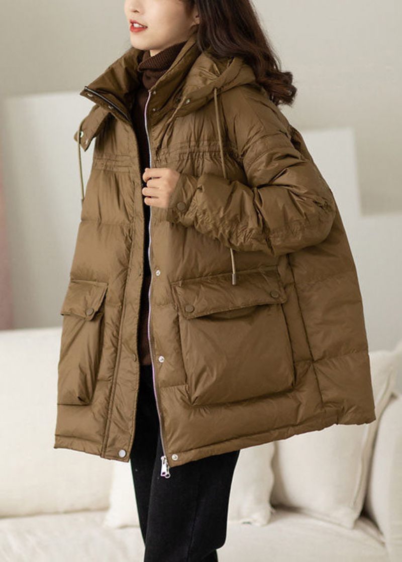 Moderne Khaki Hooded Oversized Lommer Duck Down Puffer Jacket Vinter