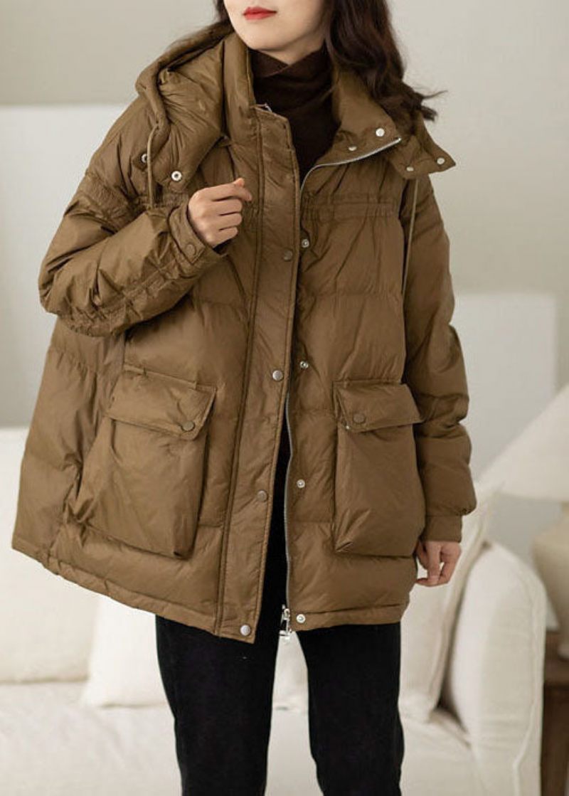 Moderne Khaki Hooded Oversized Lommer Duck Down Puffer Jacket Vinter - Dame dunjakker