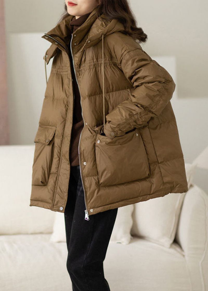 Moderne Khaki Hooded Oversized Lommer Duck Down Puffer Jacket Vinter - Dame dunjakker