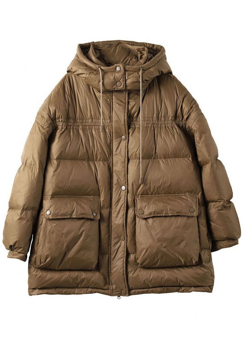 Moderne Khaki Hooded Oversized Lommer Duck Down Puffer Jacket Vinter - Dame dunjakker