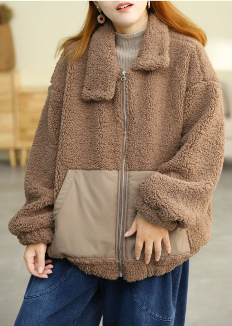 Moderne Khaki Peter Pan Krave Patchwork Lommer Teddy Faux Fur Puffers Jakker Vinter - Dame dunjakker