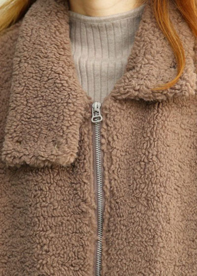 Moderne Khaki Peter Pan Krave Patchwork Lommer Teddy Faux Fur Puffers Jakker Vinter - Dame dunjakker