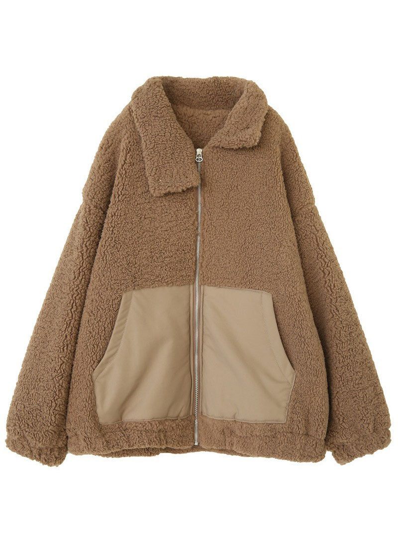 Moderne Khaki Peter Pan Krave Patchwork Lommer Teddy Faux Fur Puffers Jakker Vinter - Dame dunjakker