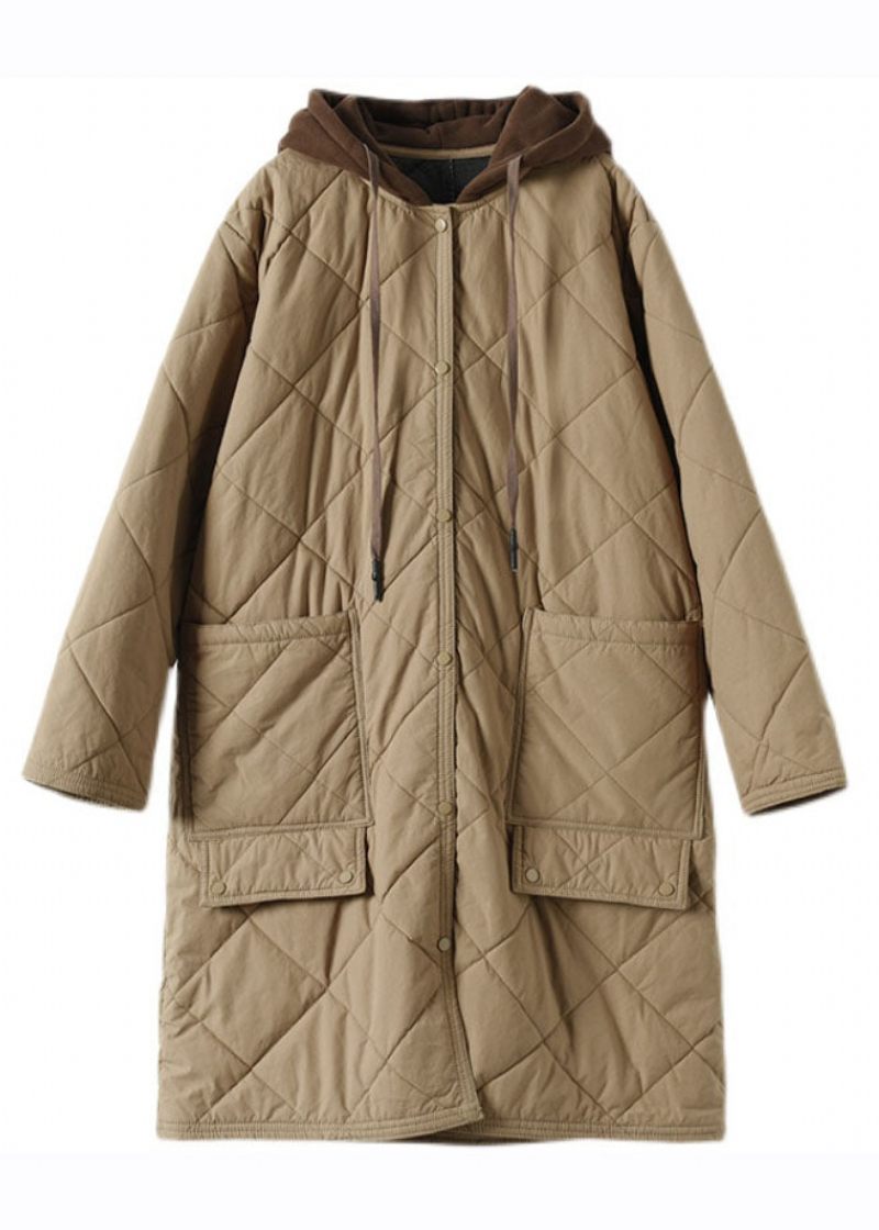 Monteret Khaki Lynlås Plaid Patchwork Hooded Parka Winter - Khaki