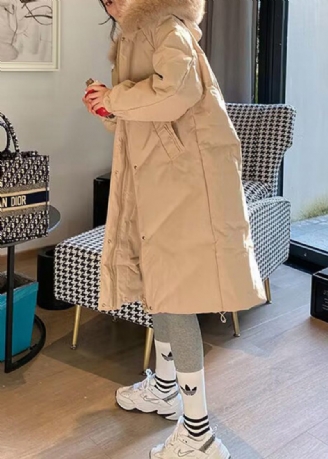 Monteret Khaki Pelskrave Hætte Duck Down Puffer Coat Vinter