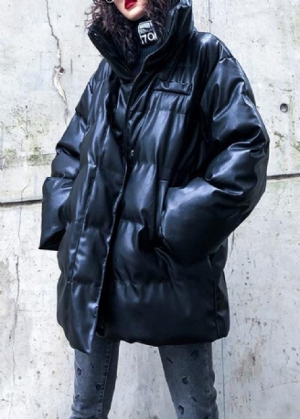 Ny Oversized Varm Vinterfrakke Sort Højhalset Button Dameparka