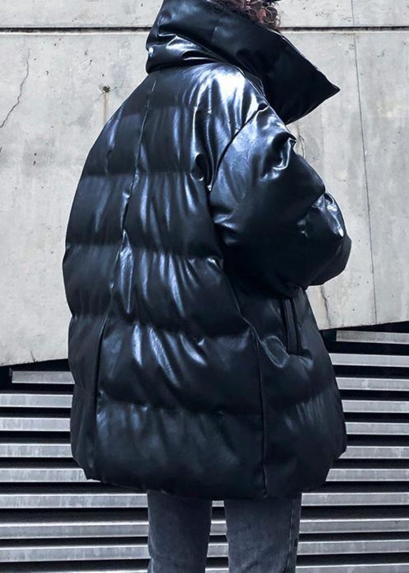 Ny Oversized Varm Vinterfrakke Sort Højhalset Button Dameparka - Dame dunjakker