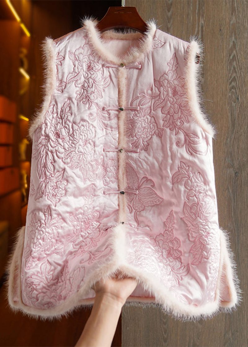 Ny Pink Broderet Knap Mink Hår Patchwork Vest Vinter