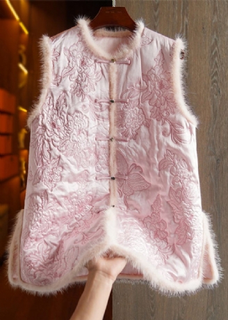 Ny Pink Broderet Knap Mink Hår Patchwork Vest Vinter